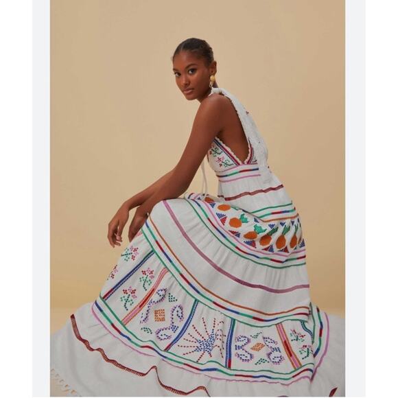 Farm Rio Embroidered tiered maxi dress Linen Blend Sz M Coastal Boho Chic Artsy - Picture 1 of 13